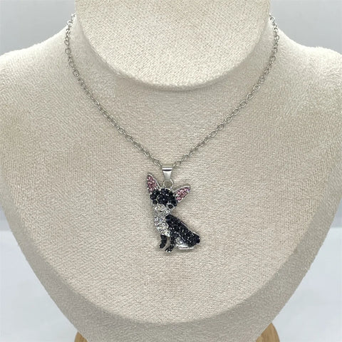 Chihuahua Dog Pendant Necklace – Pink Ear Rhinestone Pet Jewelry