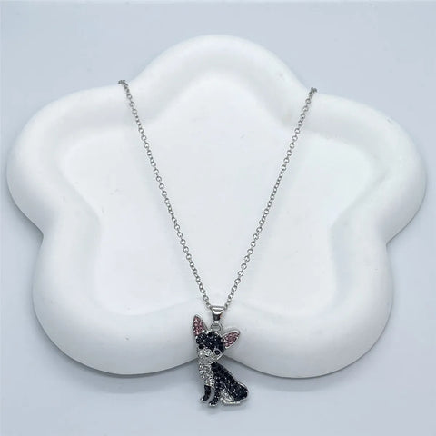 Chihuahua Dog Pendant Necklace – Pink Ear Rhinestone Pet Jewelry